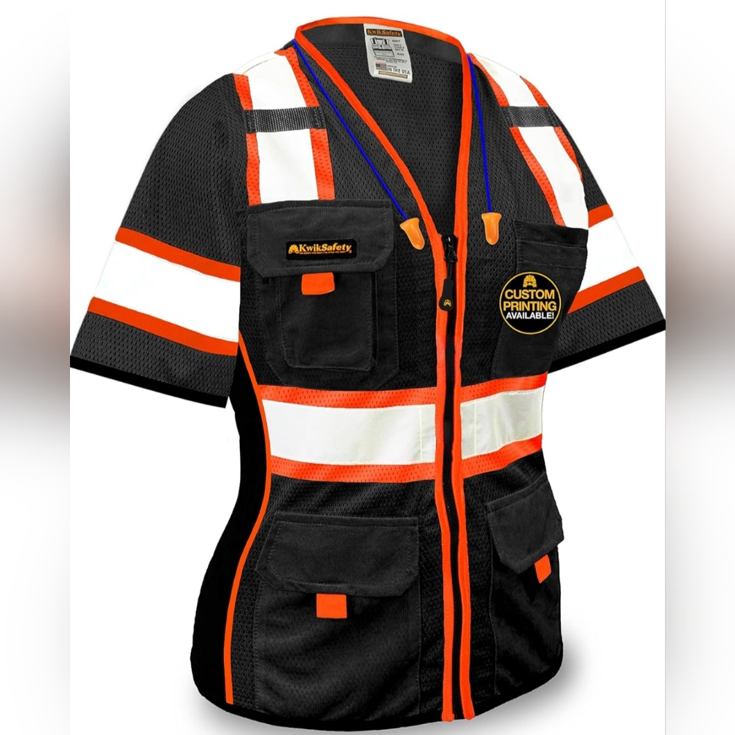 Kwiksafety Women's High Vis Black/Orange Safety Vest Short Sleeve
